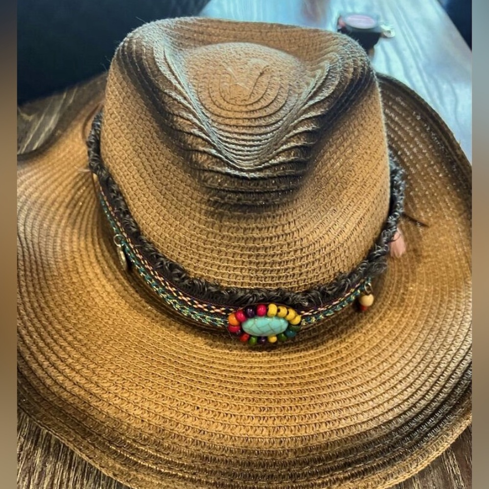 Women's Western Straw Cowboy Hat with Multicolor Beaded Band